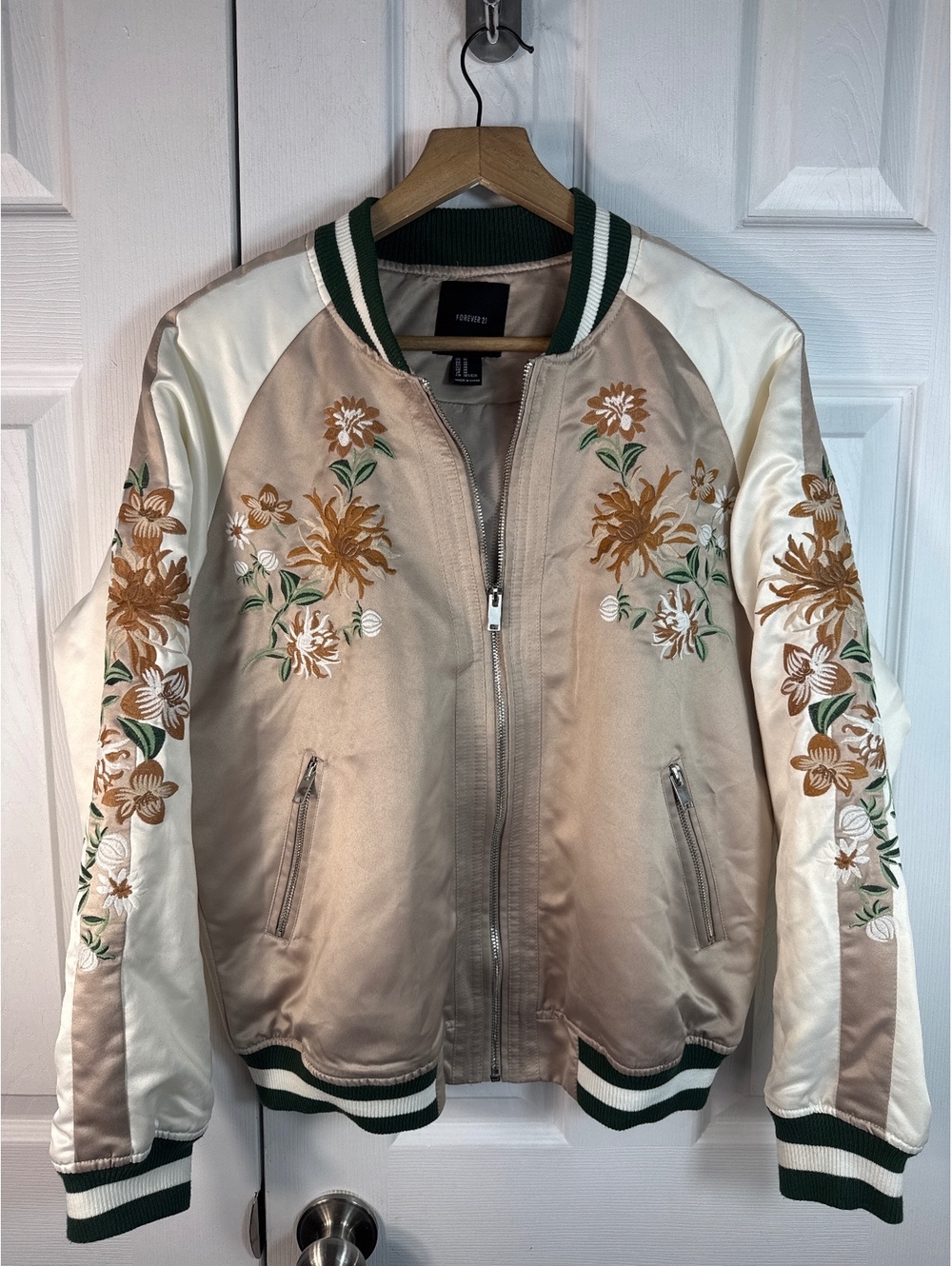 Forever 21 Floral Embroidered Satin Bomber Jacket Medium